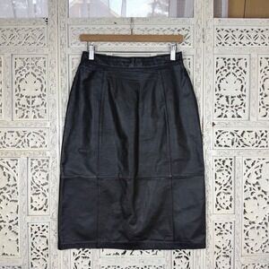 Vtg Leathers By Tibor Black Leather Pencil Skirt Back Slit Straight‎ Sz S/M